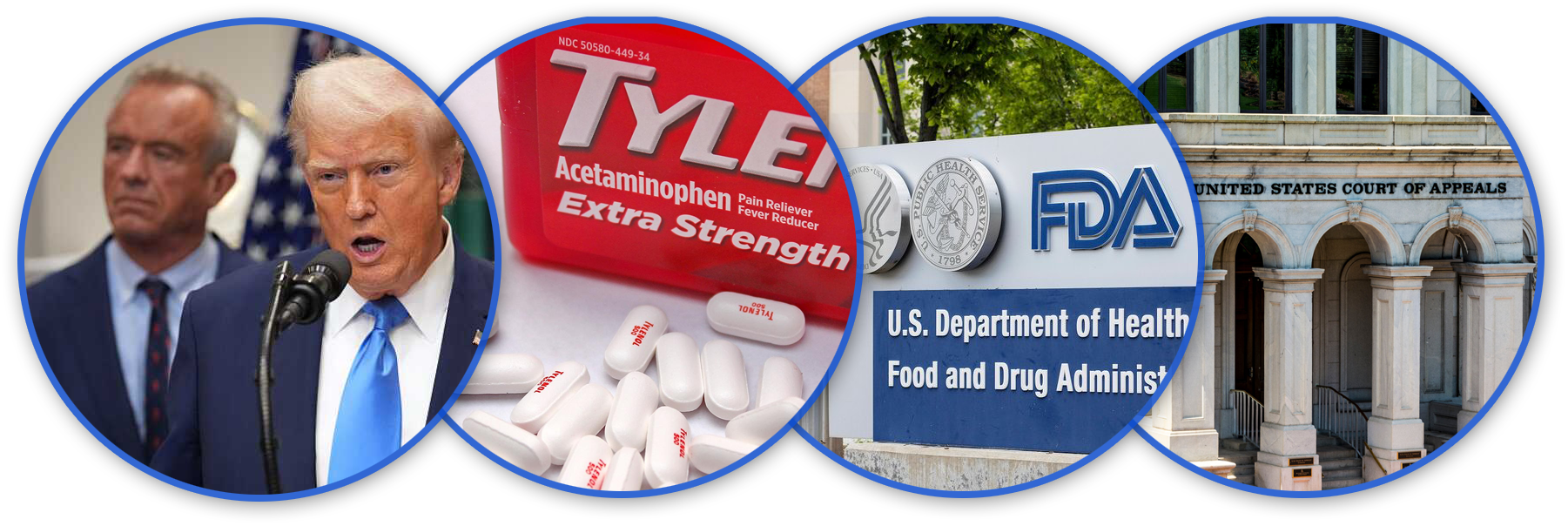 Tylenol litigation context showing government officials, pharmaceutical products, FDA, and courthouse